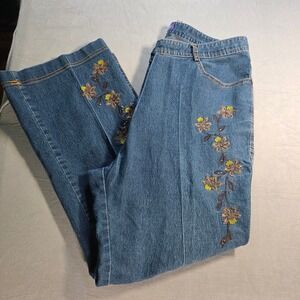 Noble Character Womens Blue Embroidered Floral Beaded Wide Leg Crop Jeans